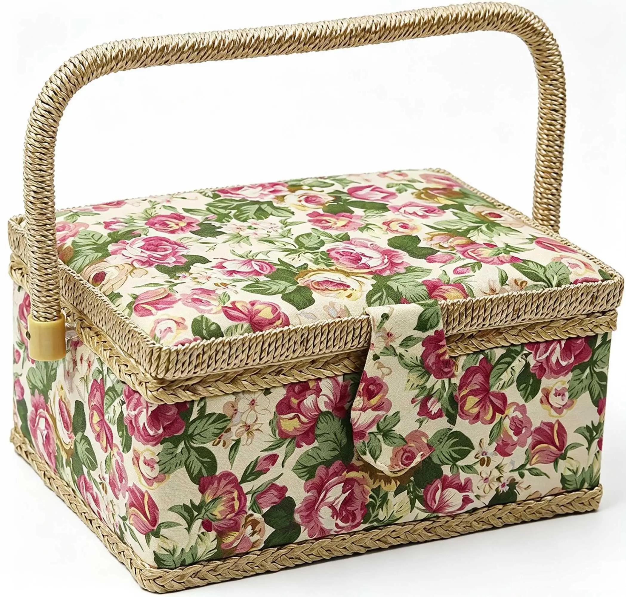 Rose Floral Sewing Basket 12×9×6in, Large Capacity Sewing Organizer with Removable Tray, Inner Pocket and Basic Sewing Kit, for DIY Crafts, Sewing Supplies Storage and Clothing Repair