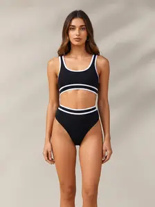 Sunkiss Sporty Ribbed Bikini Set for Women Scoop Neck High Cut Swimsuit Stretchy Polyester Bathing Suit Athletic Fit Trendy Active Swimwear Summer Beach Outfit