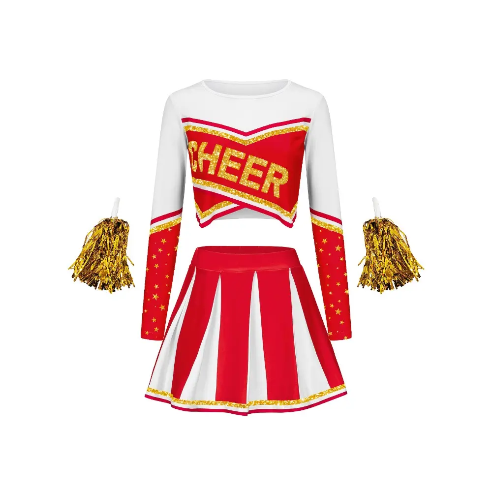 Girls' 2-Piece Cheerleader Costume Top - Stylish Designs Polyester Clothes for Young Athletes, Team Colors, Breathable Stretch Fit, Machine Washable, School Game Ready