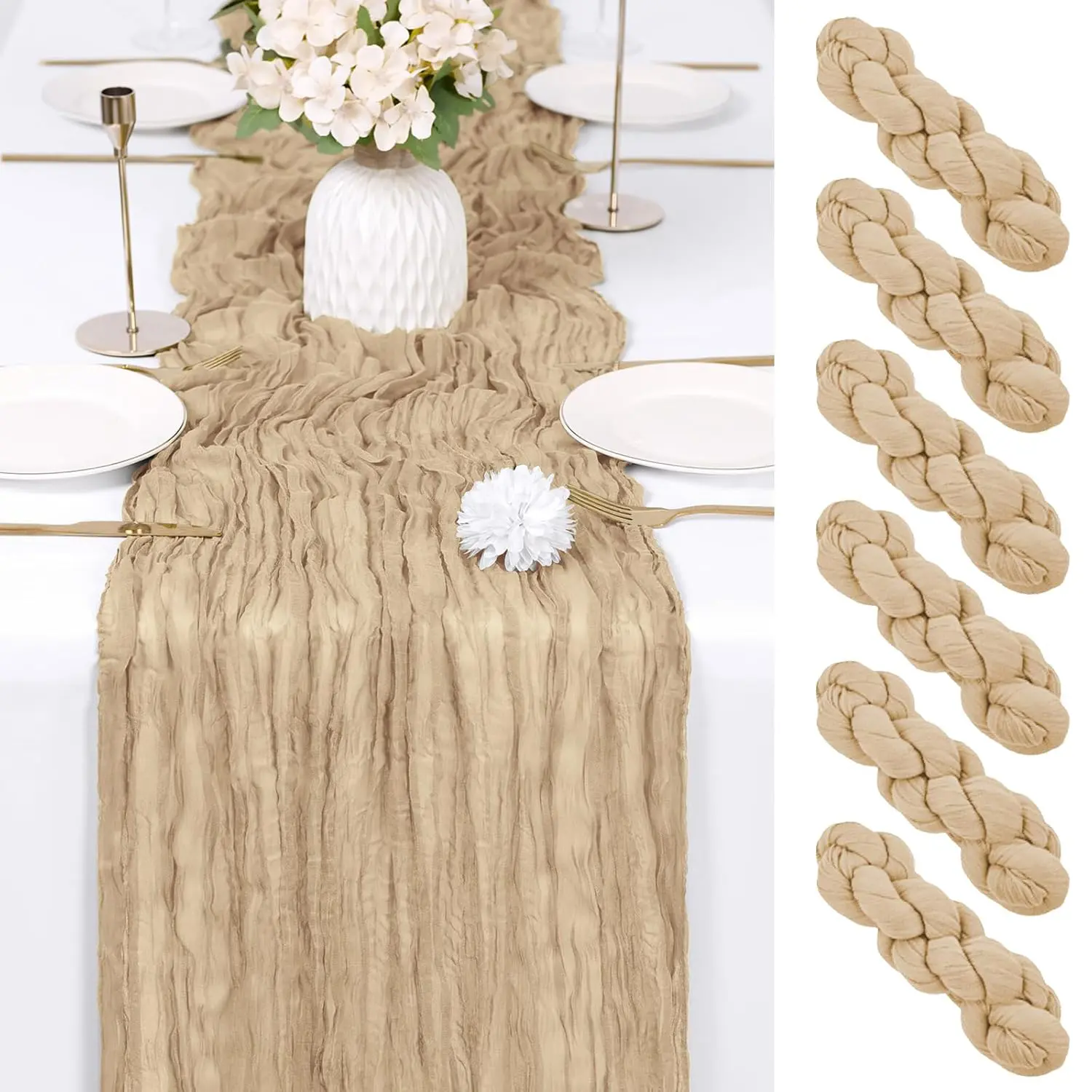 10 Pack Beige Cheesecloth Table Runner 17 x 108 Inch 9FT Gauze Table Runner Fabric Semi Sheer Cheese Cloth Table Decor Bulk for Rustic Romantic Wedding Baby Shower Party Table Decoration