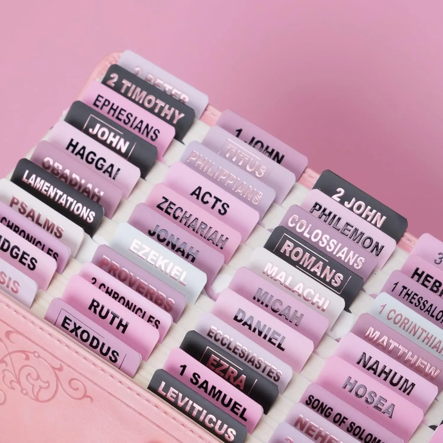 -Laminated  Tabs (Pink and Black Foil Embossed Lettering),  Tabs for Women and Men,  Large Print Stickers, Easy to Read and Apply, 80Chapters Labels for Easy Navigation