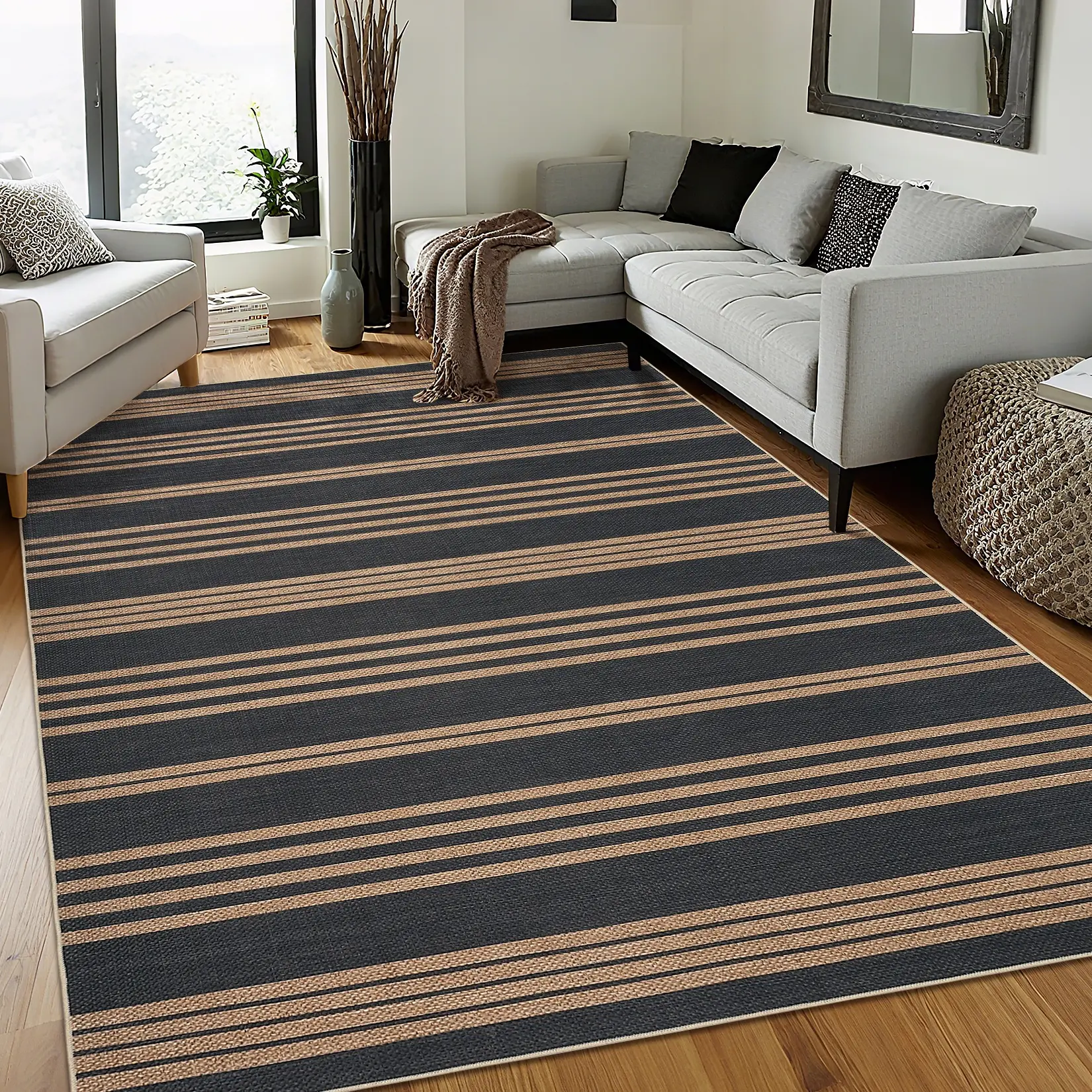 Large-size Indoor and Outdoor Rug Modern Striped Print Deferred Jute Non-slip Low-pile Non-shedding Foldable Stain-resistant Mat for Patios Bedrooms RVs Terraces and Restaurants