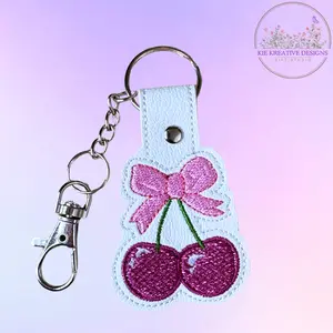 Cherry Embroidered Keychain with Pink Bow – Cute Fruit Keychain for Bags & Keys | Handmade Gift for Her | Sweet Aesthetic Accessory