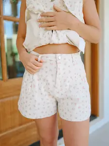 Chrissa Ditsy Floral Twill Pleated Denim Shorts - Cream