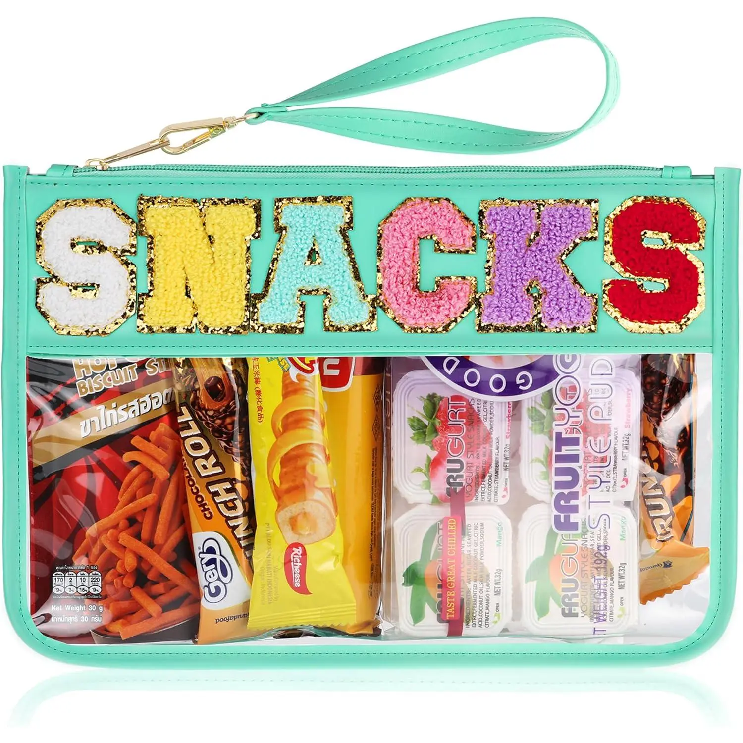 Snack Bag for Travel - Clear Chenille Varsity Letter Flat Pouch with Zipper, Waterproof Clear Nylon Preppy Patch Makeup Cosmetic tote Bags for Women Girls
