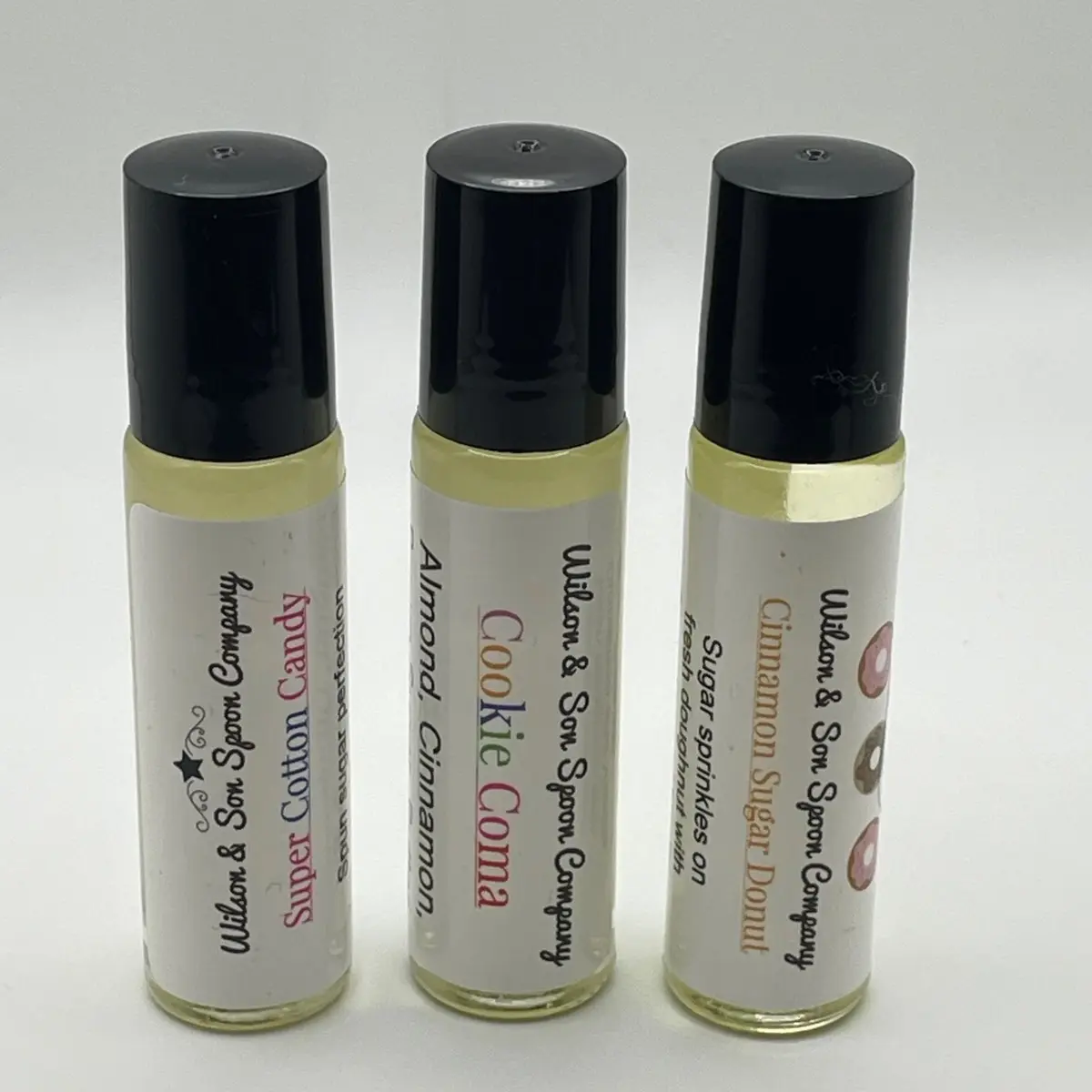 Wilson & Son Spoon Company 3-Pack Scented Gentle Fragrance Body Oils - Roll-on Travel Size Body Care Blend with Almond Oil, Cookie, Donut & Cotton Candy Fragrance, Bottle, Travel Size Set