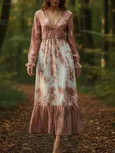 Women's Spring Fashion V Neck Long Sleeve Tie Dye Pleated Long Dress, Stylish and Comfortable, Perfect for Casual Wear, Trendy, Unique and Bohemian Boho Design, Casual Dresses