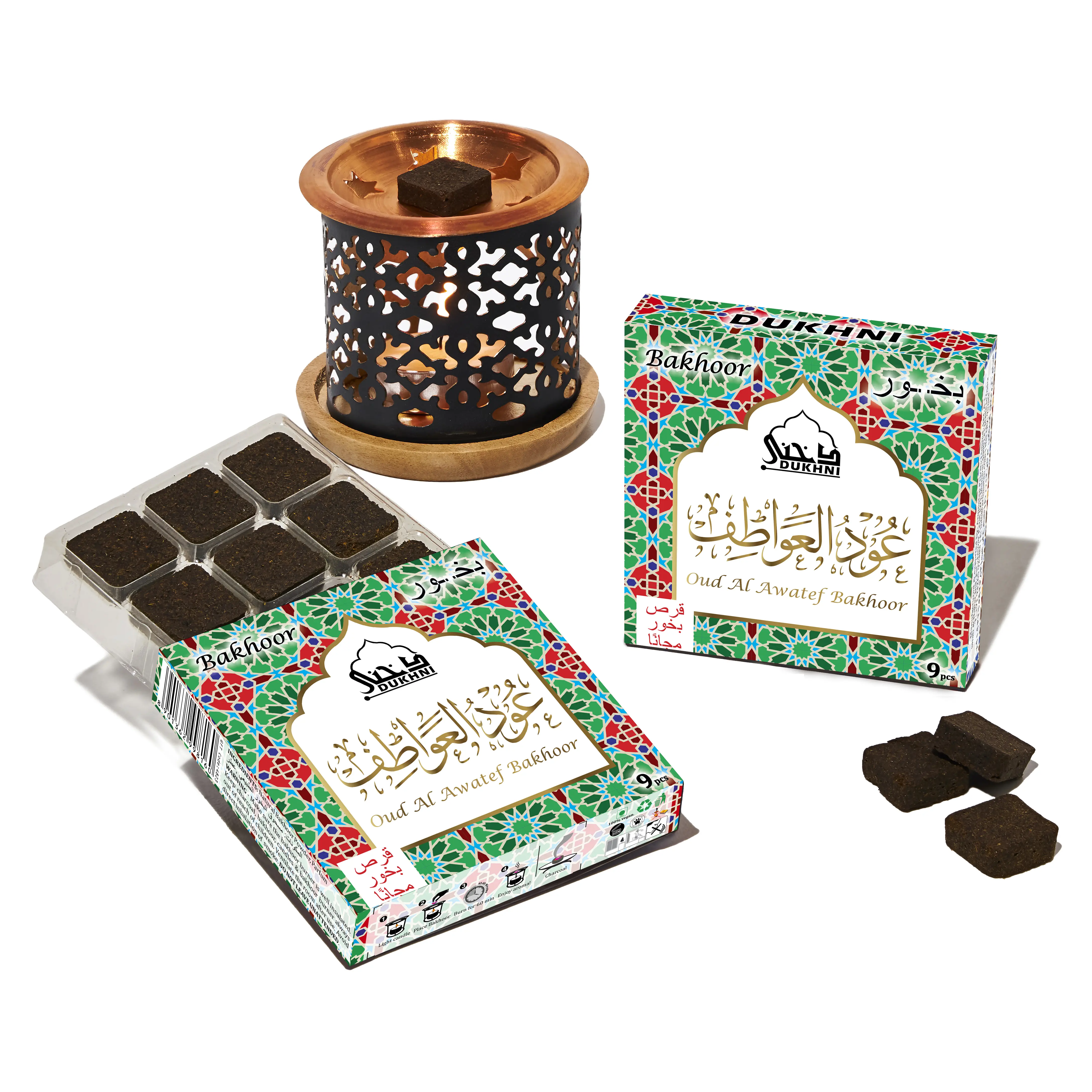 Oud Al Awatef Bakhoor & Smokeless Snowflake Burner Set - 2 Oud Bakhoor Boxes, Home Fragrance Incense Kit with Scent, Aroma, Amber Fragrance Incense, Candle Alternative Freshener, Light