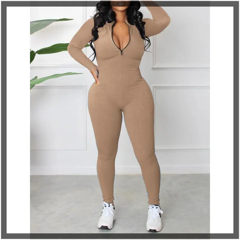 Women's Solid Zip Up Skinny Jumpsuit, Casual Comfy Long Sleeve Stand Collar Jumpsuit for Fall & Winter, Women's Clothes for Daily Wear