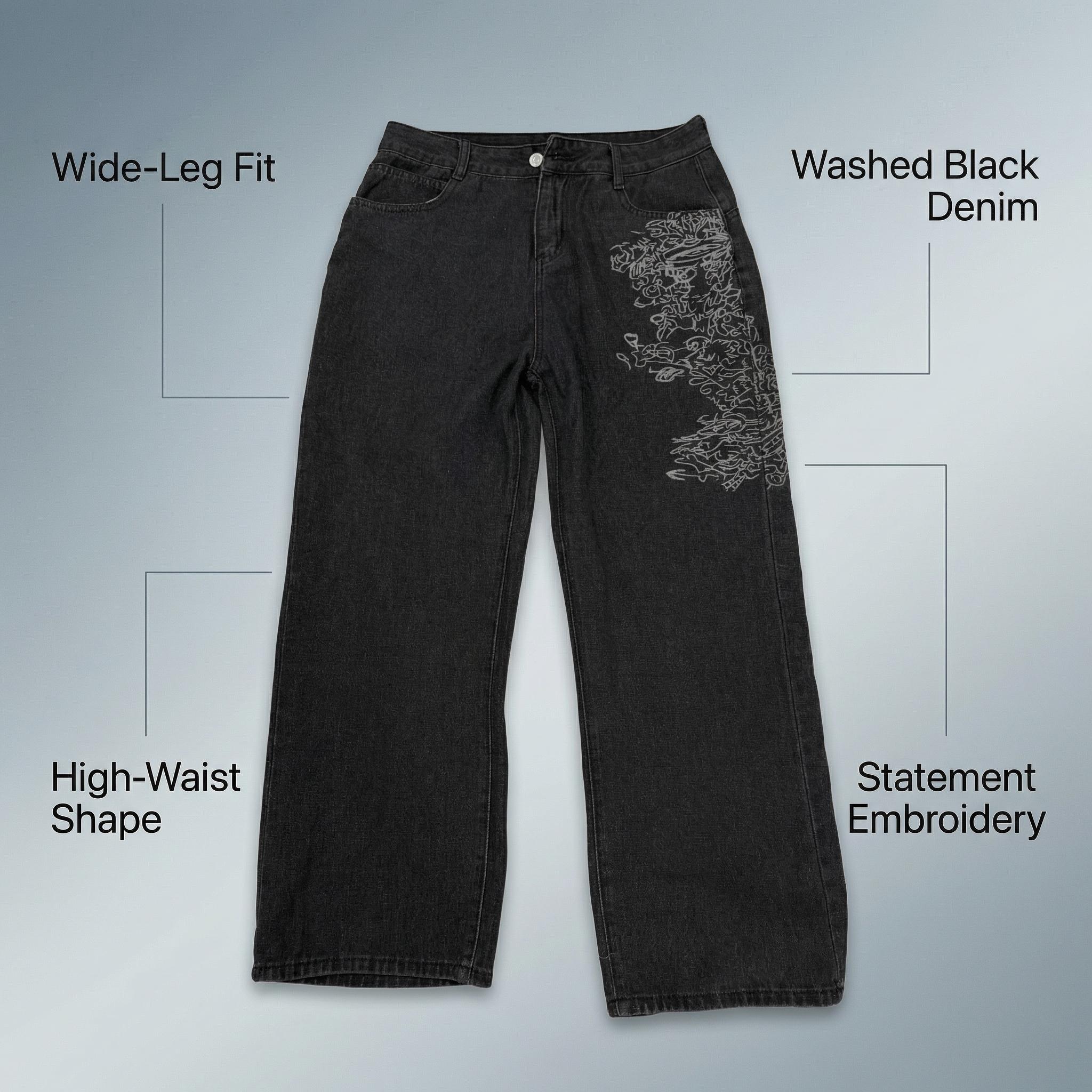 Women's Baggy Wide-Leg Jeans Comfortable Relaxed-Fit Washed Black Denim Pants with Y2K Cybersigilism Gothic and Vintage Grunge Embroidery Streetwear