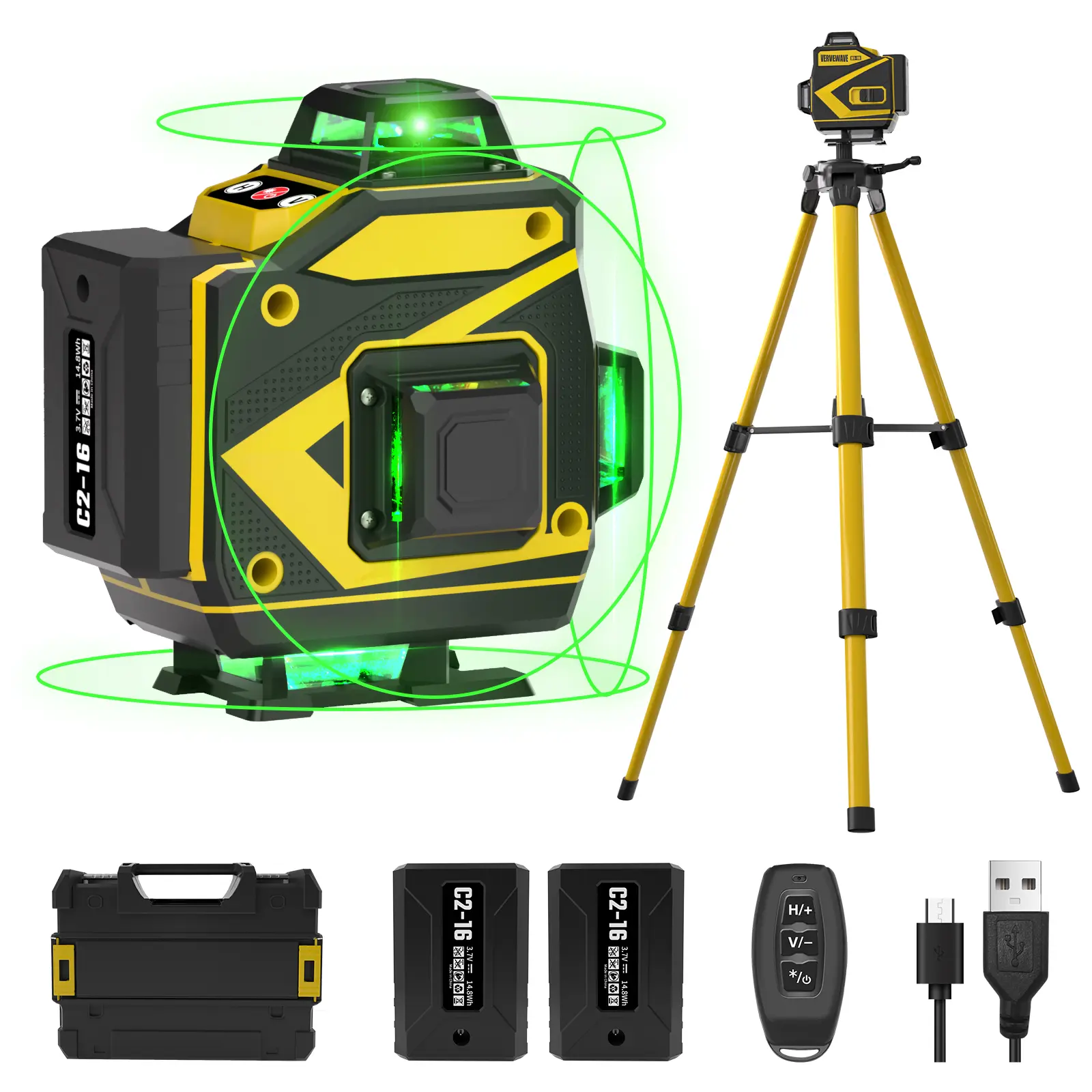 VERVEWAVE 16-Line Green Laser Level with 39.3"/49.2" Tall Tripod, 4x360° Self-Leveling, 2x2400mAh Type-C Rechargeable Batteries, Cross Line Laser Tool for Tile & Home Renovation, Cool Gifts for Dad Men Husband