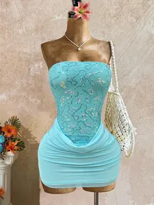 Summer New Sequin Mesh Bustier Dress, Sexy Slim Fit Leopard Print Short Skirt, Blue Pure Desire Style, Perfect for Parties and Beach