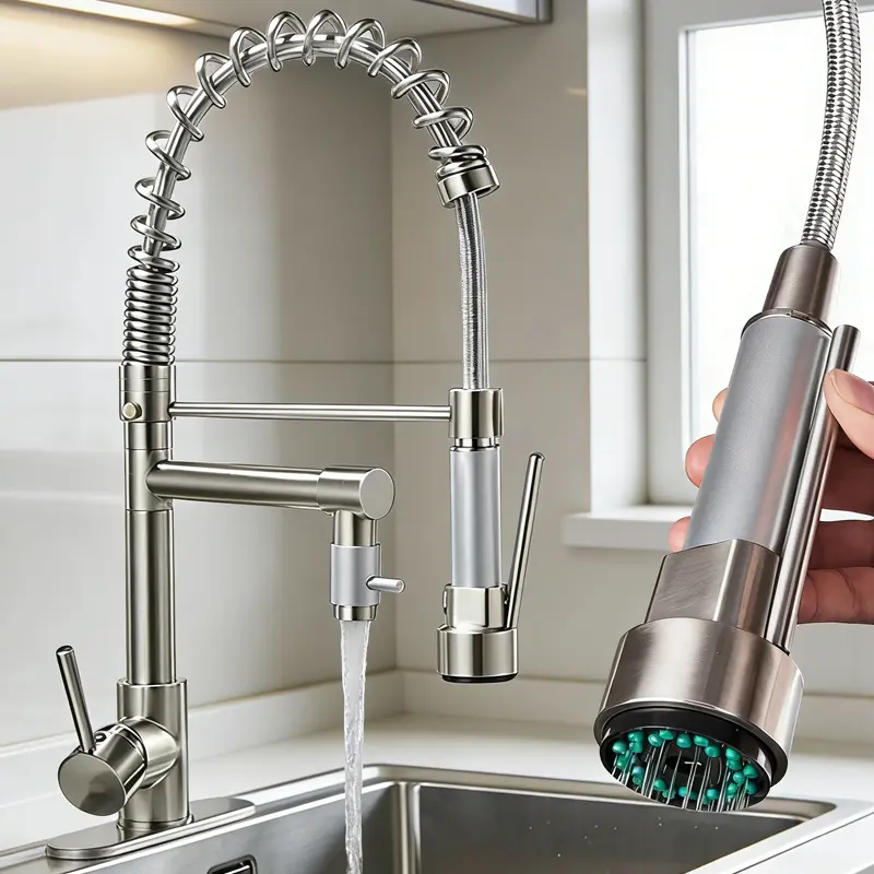 1pc Commercial-Grade Dual-Spout Single-Handle Kitchen Faucet - 3-Hole Tap with 10in Deck Plate (Fits 1/3-Hole Sinks), Brass & Nickel Build, Ceramic Cartridge, Hot/Cold Mix, Installation Support, Brushed Nickel Finish, 19.68" Total Height