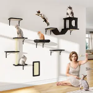 【ChristmasGift】6-Piece Wall Mounted Cat Shelves Set – Space-Saving Cat Climbing Furniture for Indoor Cats, Modern Cat Wall Hammock, Steps, Perches & Bridge – Easy to Install & Sturdy Design