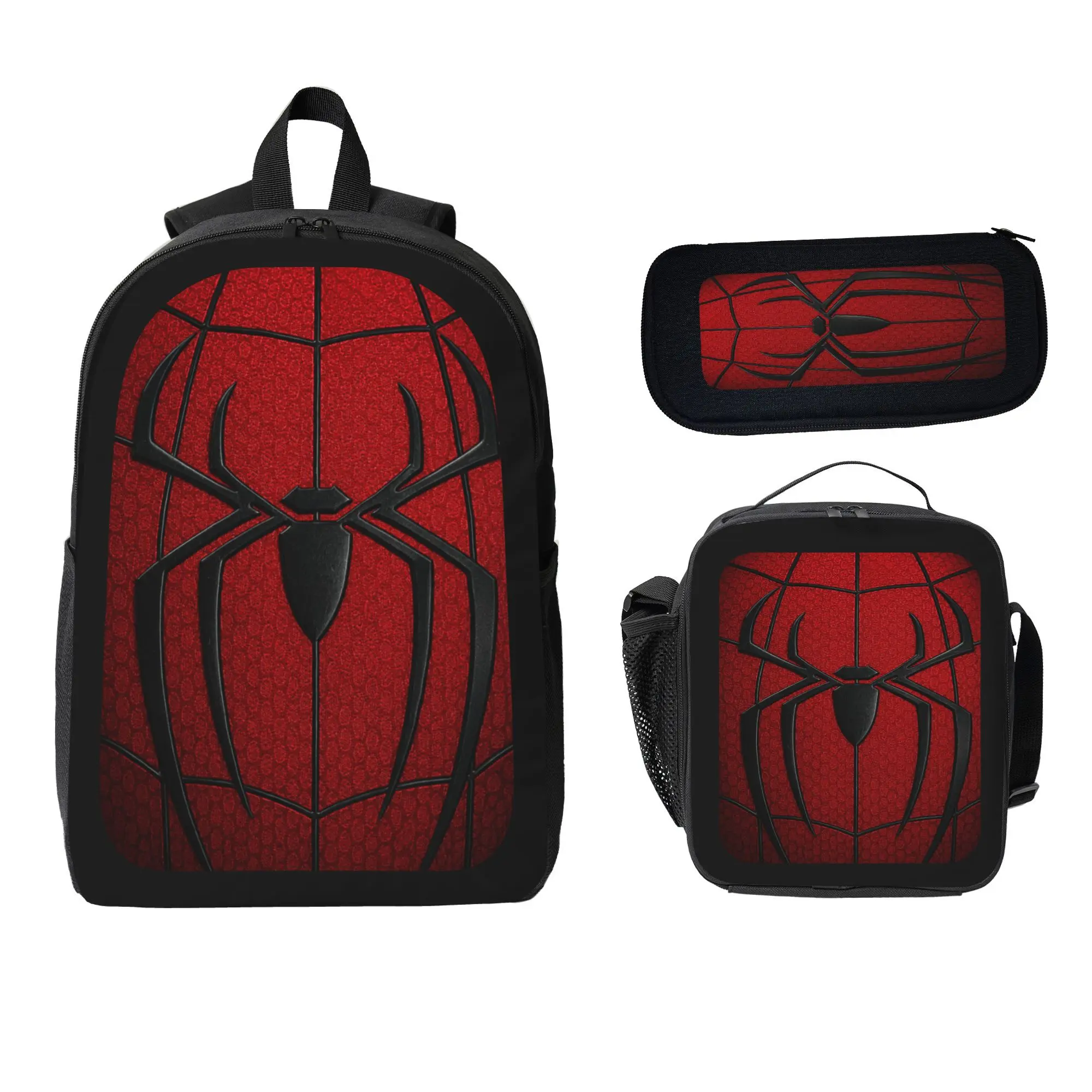 3PCS Spider Artwork Comic Art Backpack Set - Red Black Web Pattern, Includes Lunch Bag & Pencil Case, Outdoor Travel Bags, Casual Fabric Storage Gift, Graphic Print