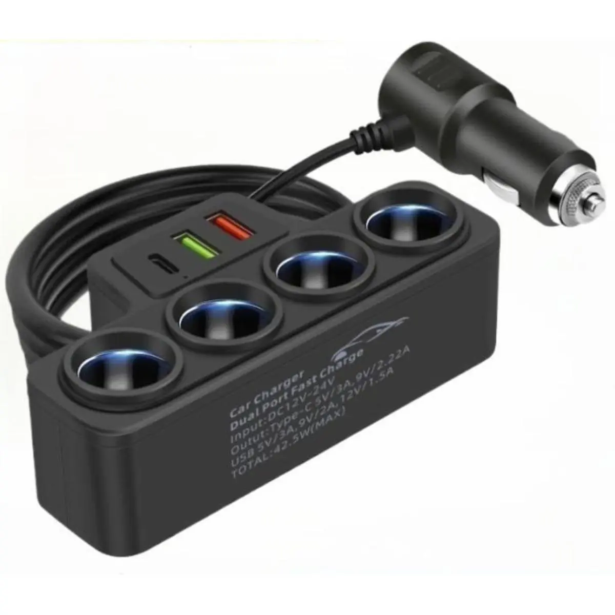 120W Plug-in Car 4-Socket Adapter - High Speed Fastcharging Charger with PD, QC3.0 Ports, Multi-Charge Accessory for 12V-24V Vehicles, High Speed Charger