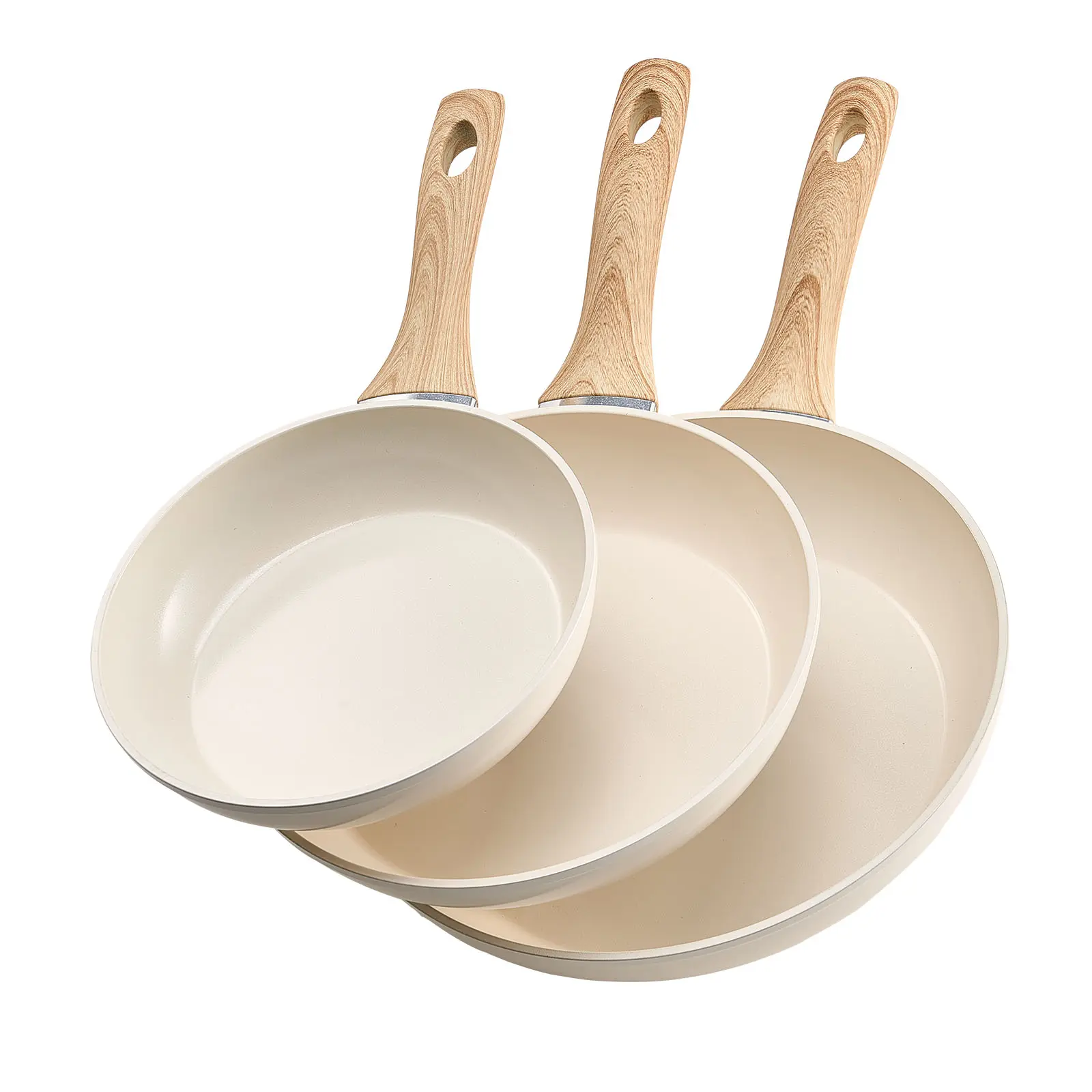 VEVOR Frying Pan Skillet,  Aluminum Egg Fry Pans, 3 Piece (8, 9.5, 11 in), Nonsitck Ceramic Heavy-Duty Skillets with Heat-Resistant Handle, Chef's Kitchen Cookware for Gas, Electric, Induction, Beige
