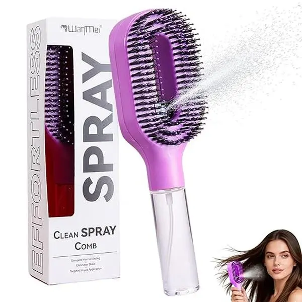 2-in-1 Detangling Comb Brush with Spray Mister - Detangles Fast and Reduces Frizz, Portable Hair Tool for All Hair Types Including Thick, Curly, and Fine, Thick Curly Fine