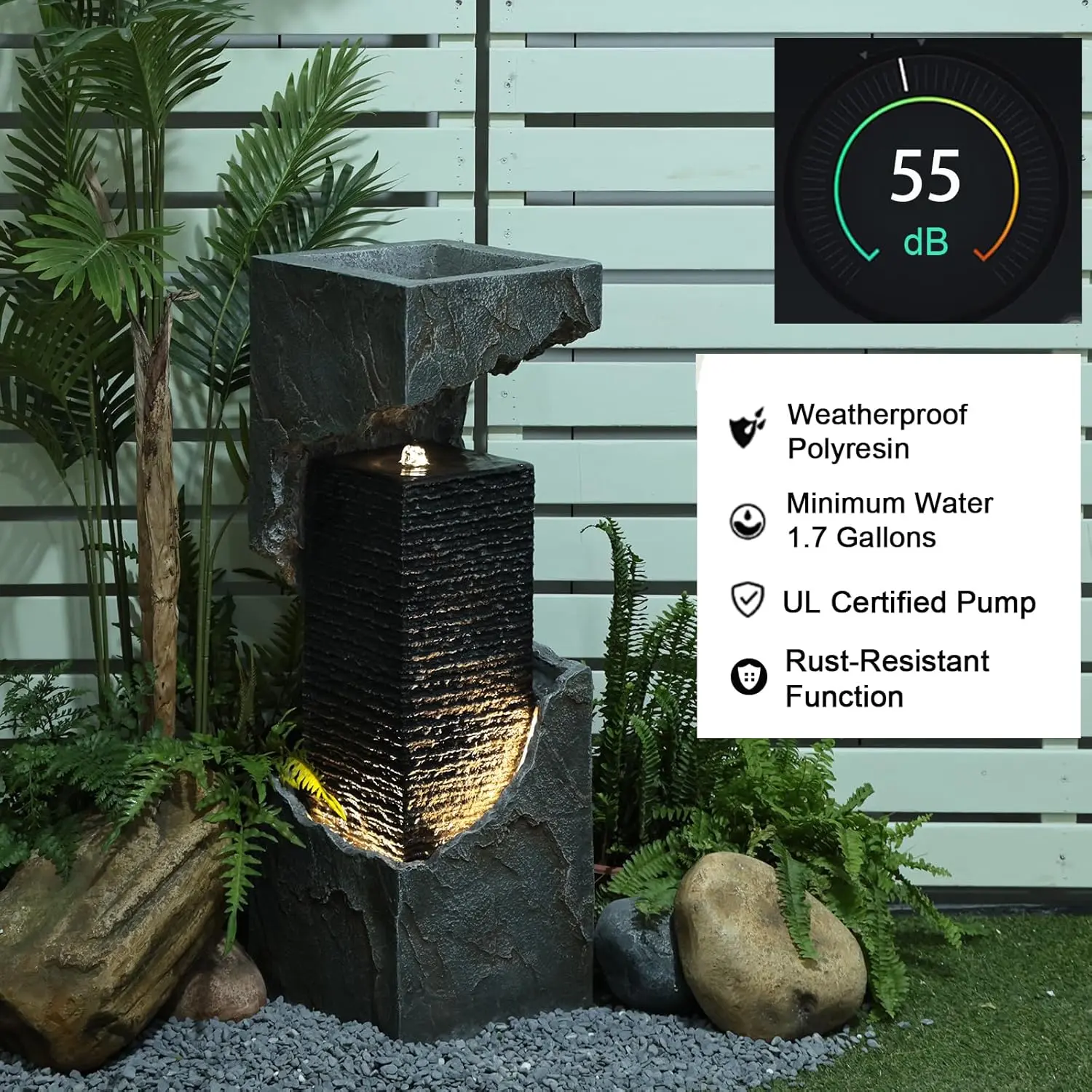 Modern Water Fountain Outdoor 35.4" H Floor Standing Outdoor Fountain with LED Lights and Pump for Garden, Patio, Deck, Backyard, Porch and Home Art Decor-