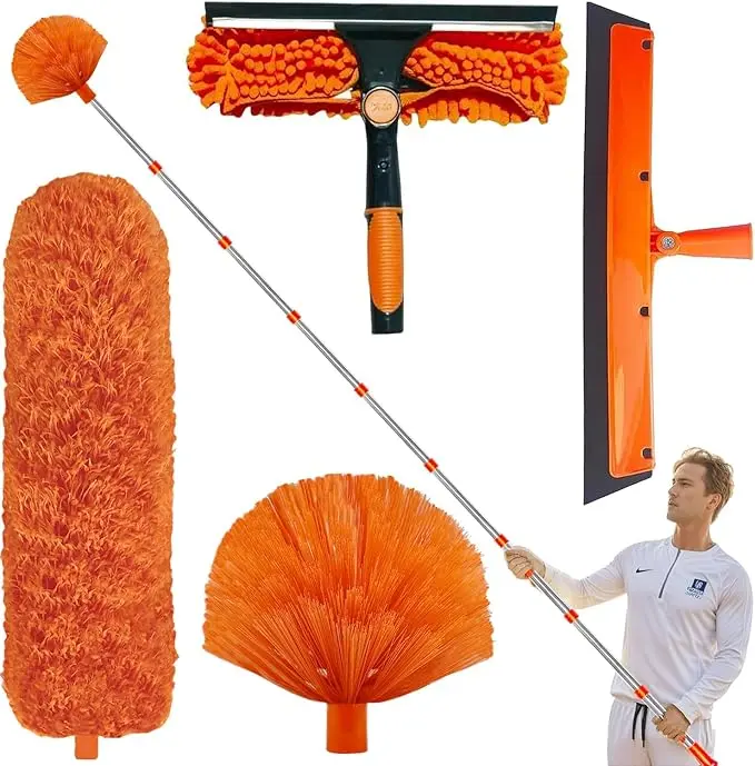 5pcs/set Telescopic Dusting Brush Set, Featuring an Extendable Pole from 3 to 14 Feet - a Reusable, Multifunctional Cleaning Kit Suitable for Ceilings, Walls, And Outdoor Areas - Perfect for Bedrooms, Living Rooms, Patios, And Cleaning Brushes kitchen Sum