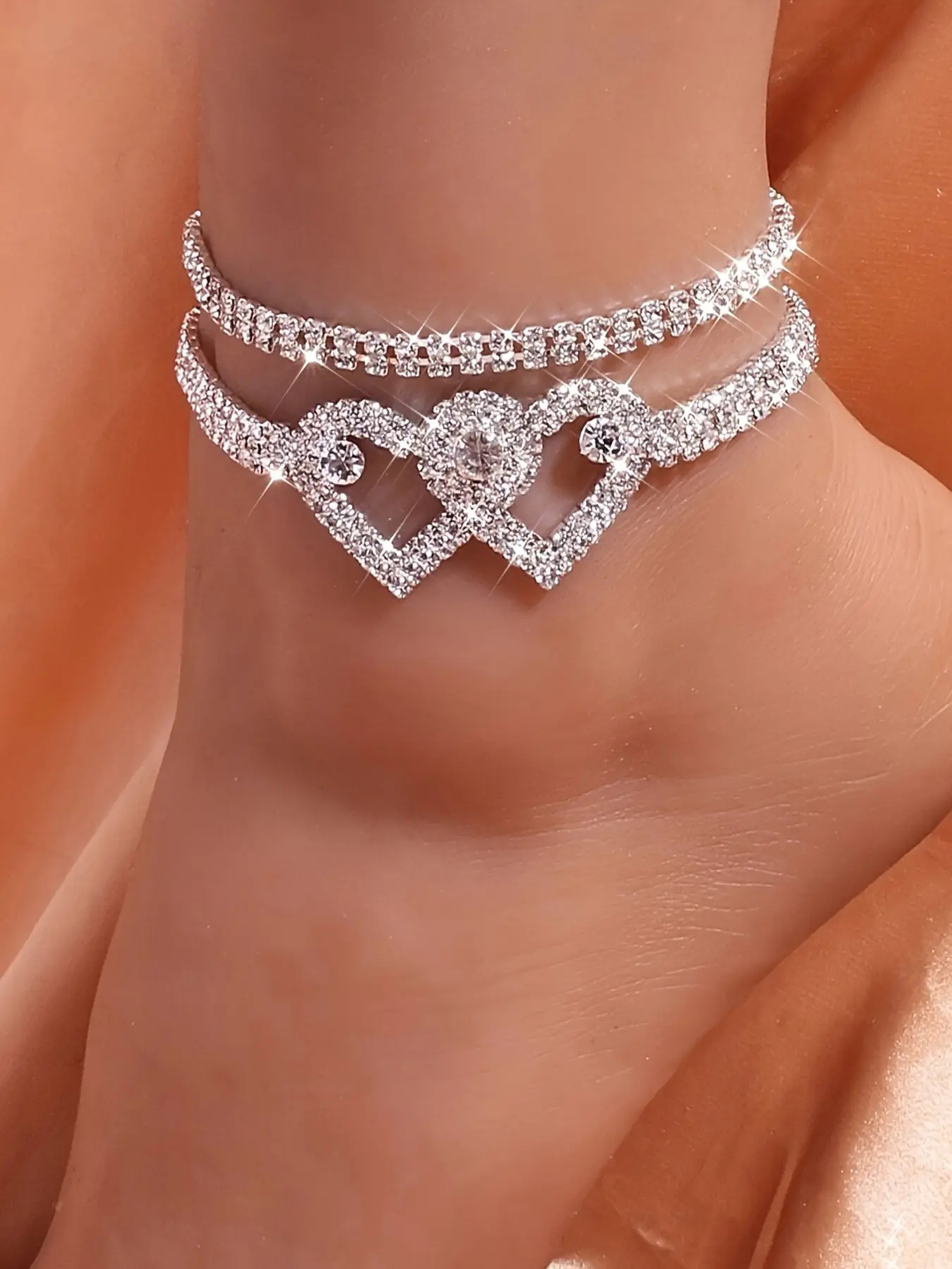 Elegant Rhinestone Heart Dainty Layered Anklet Set, Sparkling Water Diamond Design, Perfect for Women's Evening Parties & Casual Wear, Fashion Jewelry Accessory, Wearable Jewelry, Trendy Jewelry, Fashionable Accessories