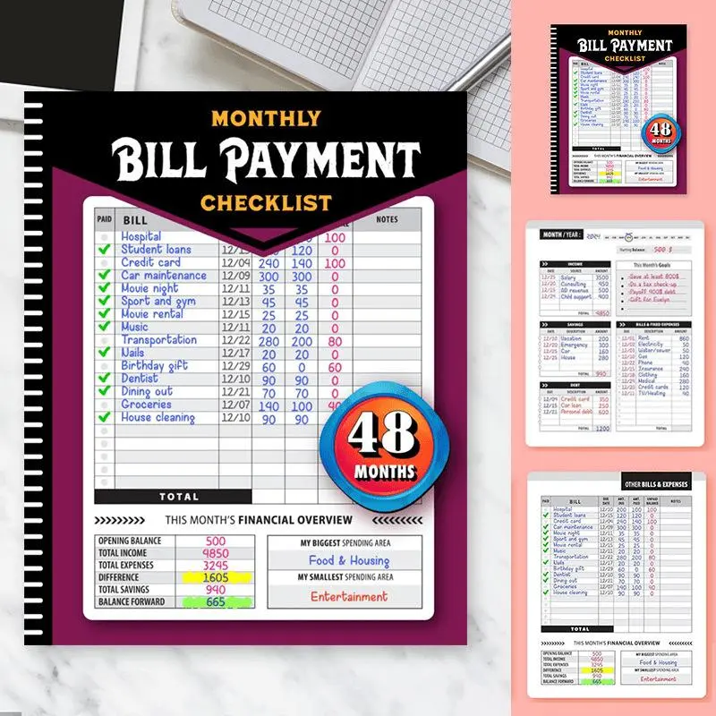 Bill Payment Tracker Wirebound Notebook - Budgeting, Financial Planning for Families, 960 Printed Pages for 4 Years, Bank Account Tracking, Debt Payoff Planning, Expense Tracking, Durable Monthly Financial Overview Office Organiser, Durable Bound Notebook