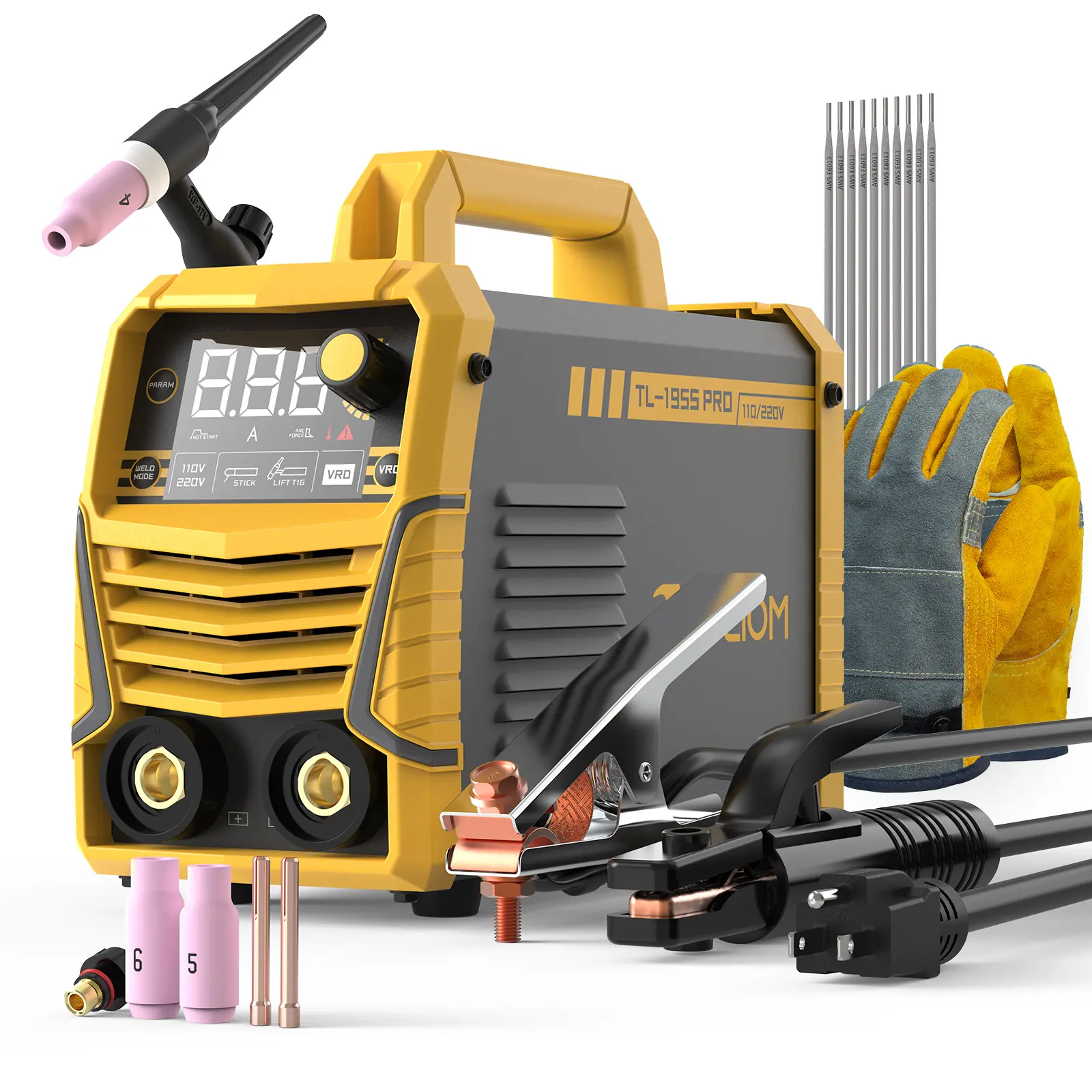 TOOLIOM TL-195S PRO 2-in-1 Stick & Lift TIG Welder - 195A 110/220V Dual Voltage ARC MMA Welding Machine with Arc Force & Hot Start, Includes TIG Torch, Gloves & E6013 Rods