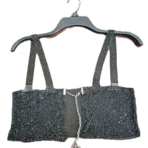 Rhinestone Mesh Crop Top with Chain Detail - Sparkling Design for Stylish Wear