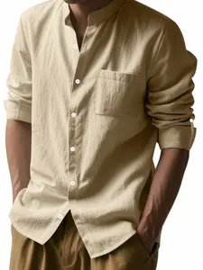 Men's Lightweight Linen Plain Shirt, Classic Casual Fitted Long Sleeve Button Front Henley Collar, Outdoor Daily Wear Essential, Must-Have Men's Wardrobe Item