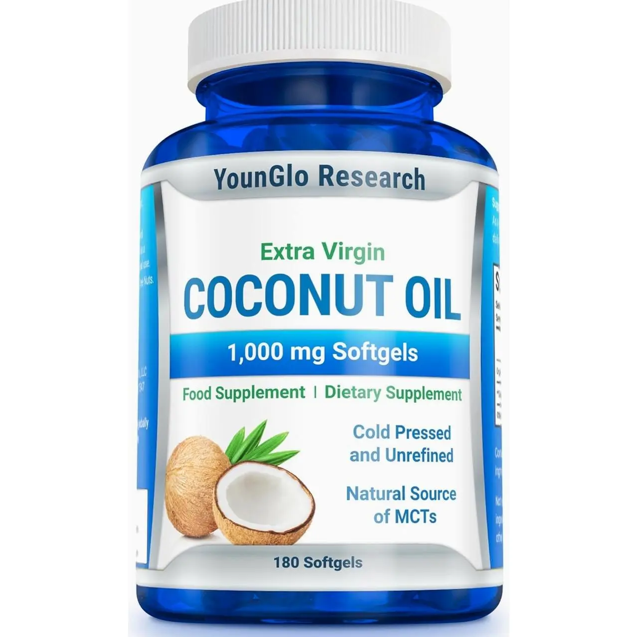 Coconut Oil 1000 mg 100% Cold-Pressed Organic Extra Virgin Coconut Oil 180 Vegan Softgel Capsules Keto-Friendly Dietary Supplement Support for Hair, Nails & Skin Health
