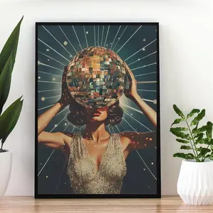 Decorative Art Style Disco Ball Canvas Poster, Modern Bohemian Wall Art, Fashion Theme Ink Painting Print, Home Office Living Room Bedroom