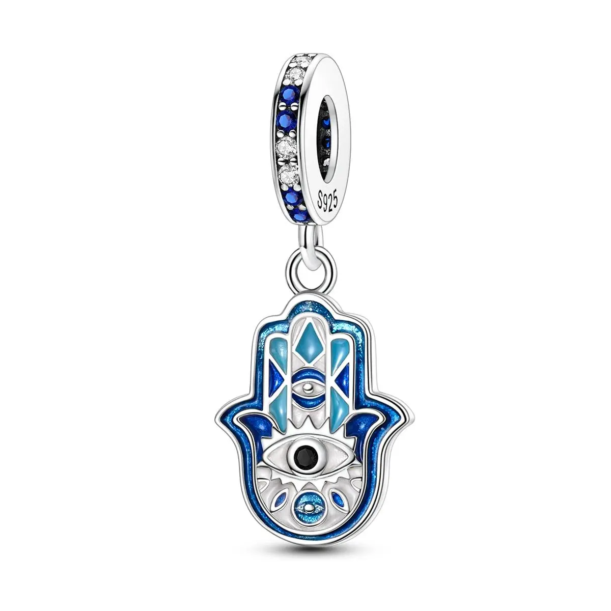 MULA Hand of Fatima charm, S925 silver plated with blue enamel and shiny CZ, symbolizes good luck and spiritual protection, compatible with Pandora bracelet chains, a perfect gift for women and girls