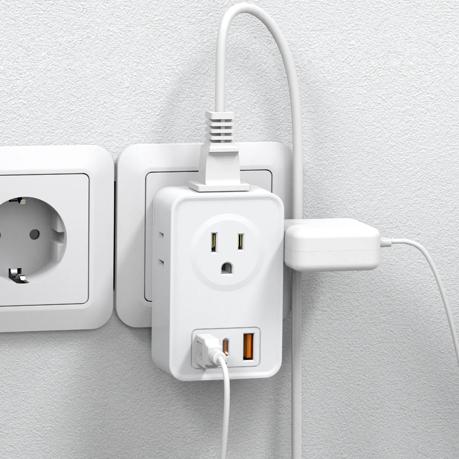 European Travel Plug Adapter USB C, International Plug Adapter with 4 AC Outlets and 3 USB Ports for US to Most of Europe Spain Italy France Germany.