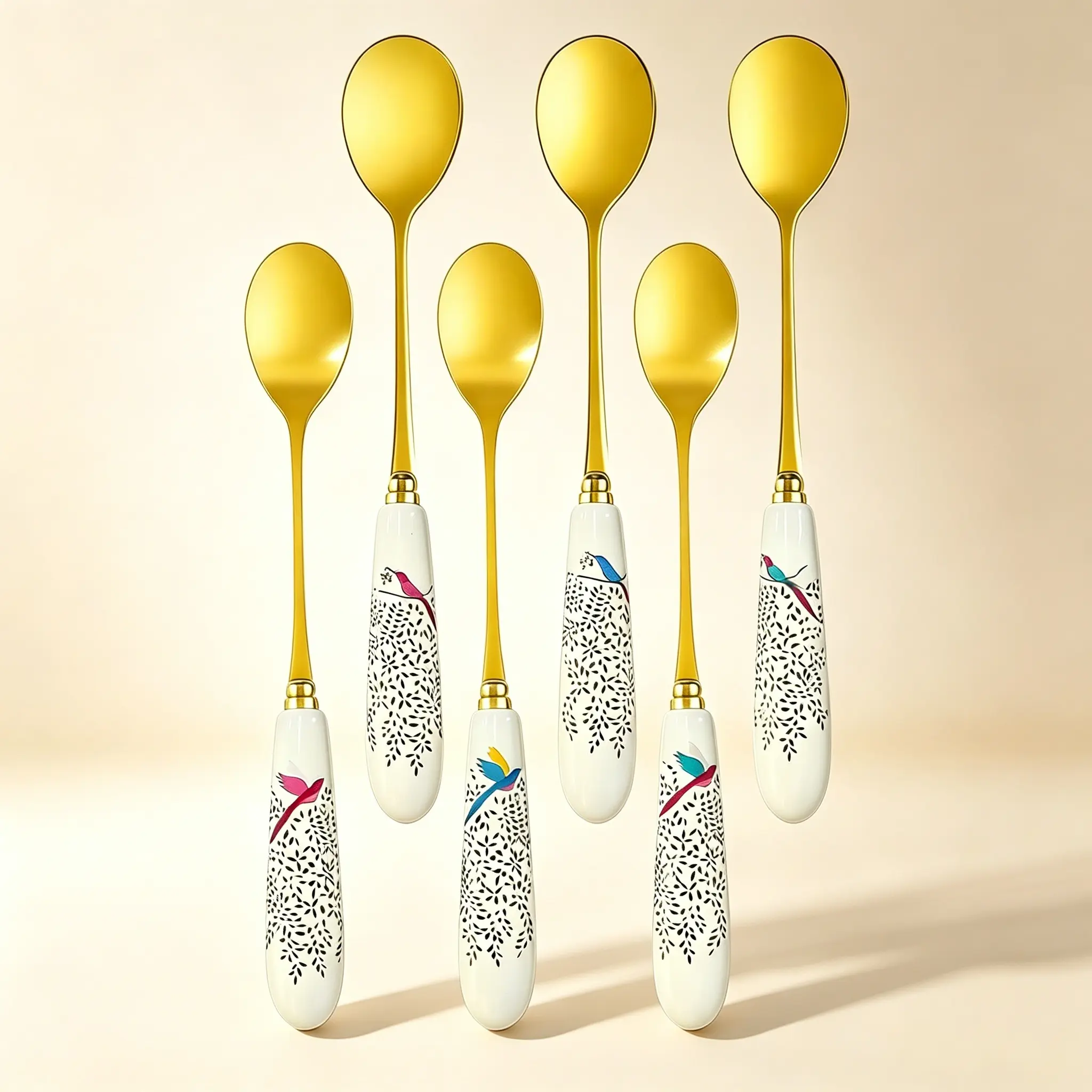6 Pcs Floral Ceramic Handle Teaspoon Set & Coffee Spoons, Food Grade Stainless Steel Dessert Spoons，Decorative Tea Spoons for Home Kitchen Coffee Bar Drink Stirring