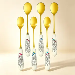 6 Pcs Floral Ceramic Handle Teaspoon Set & Coffee Spoons, Food Grade Stainless Steel Dessert Spoons，Decorative Tea Spoons for Home Kitchen Coffee Bar Drink Stirring