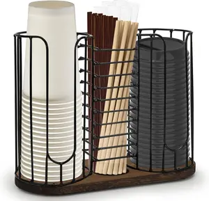 3-Compartment 18oz Coffee Cup Dispenser Rack with  Base, Disposable Cup, and Lid Organizer for Countertop -  for Paper Cups, Straws, and Kitchen Cabinet Storage