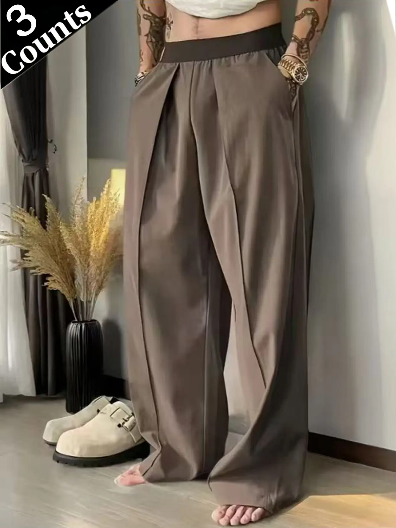 Men's Ice Silk Fabric High-Waisted Wide-Leg Pants with 3D Pleats and Hidden Pockets for Summer Casual Wear - Black, Breathable & Durable, Classic Menswear
