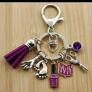 Purple Nail Artist Charms Keychain with Nail Polish Bottle and Gemstone Charms