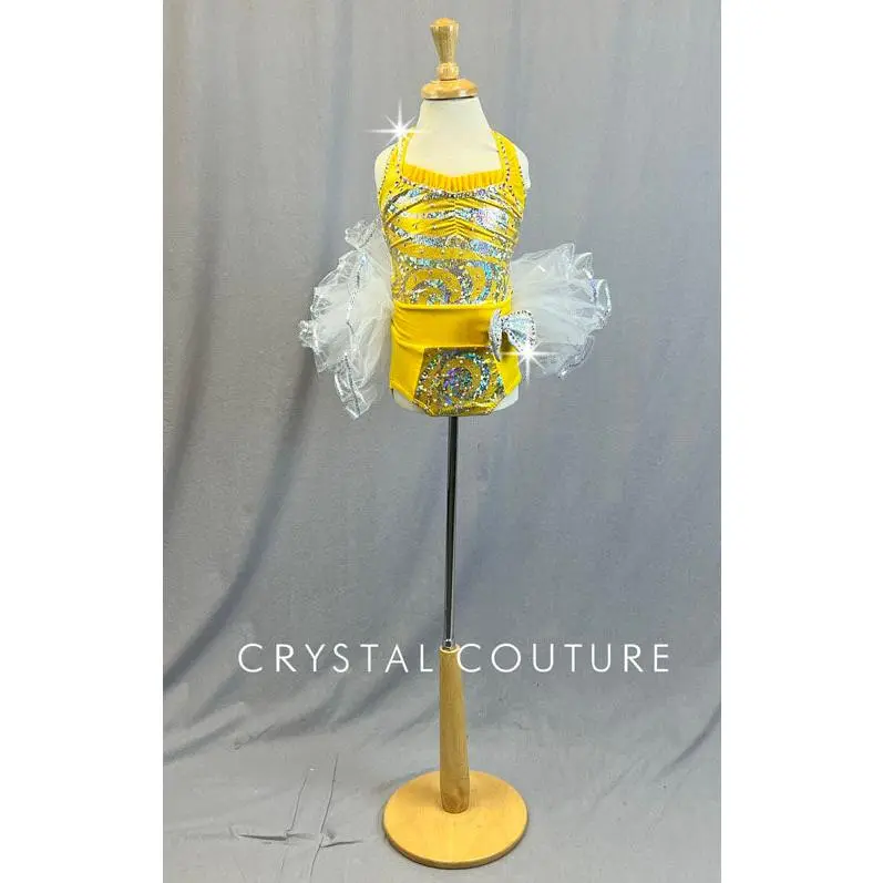 Yellow and Silver Leotard with Bustle Skirt- Rhinestones