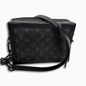 Pre-owned Louis Vuitton Monogram Eclipse coated canvas with leather trim Shoulder Bags Monogram Eclipse Coated Canvas Shoulder Bag with Leather Trim, Shoulder Straps, Soft Trunk Design, Black and Grey, Pristine Condition, S021260405003