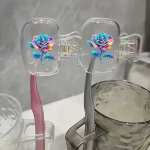 2pcs Portable Blue Rose Pattern Toothbrush Box Portable Combination Set Home Brush Clip Protective Cover Suitable for Home and Travel
