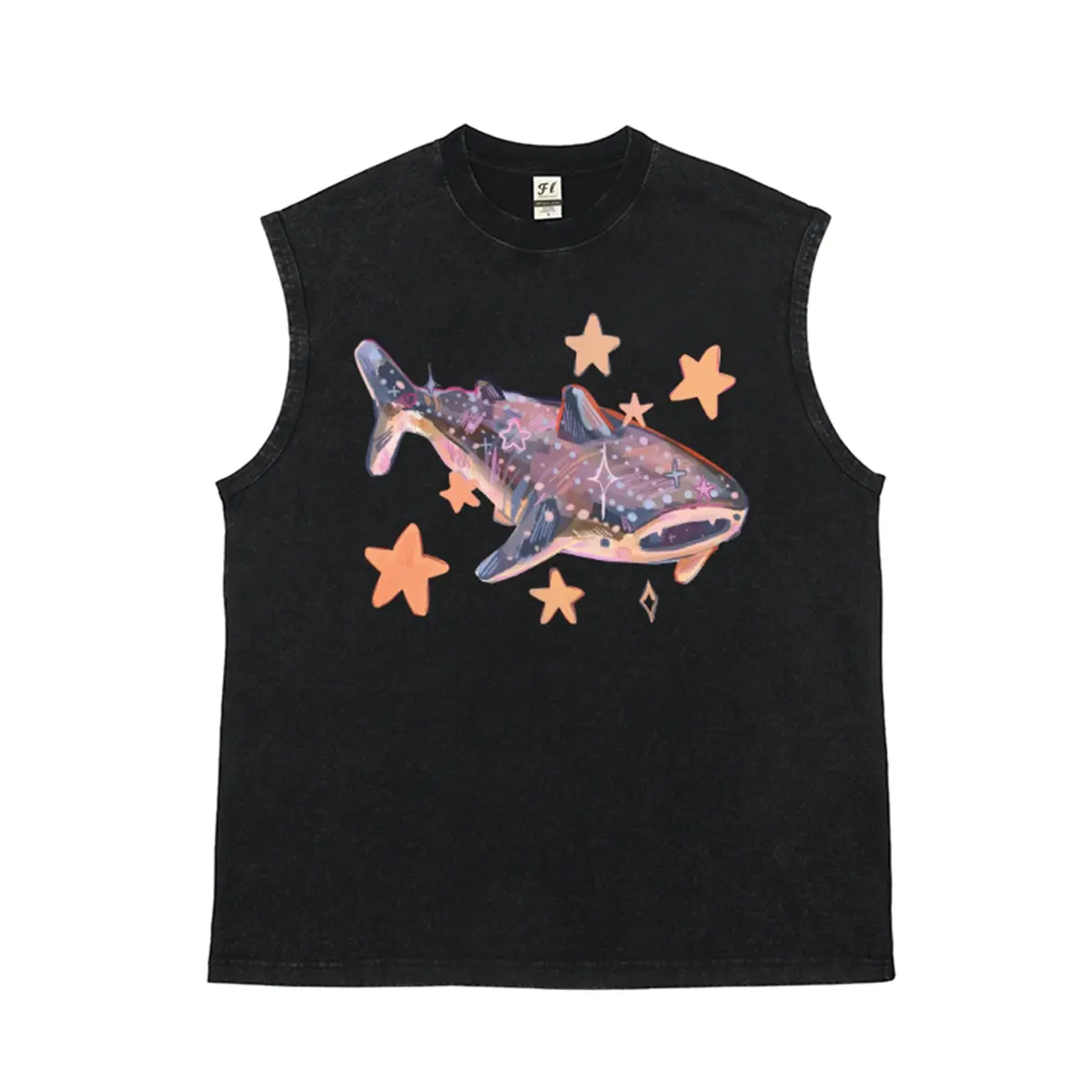 Starry fairy tale aesthetic Dreamlike Whale shark Marine organisms Unisex Plus Size Summer Graphic Tees Personalized Pattern Y2k Clothing Round Neck Short-Sleeved Washed Vests,Women's Clothing 100% Cotton, Menswear, Top, Vintage Style, Casual Oversized