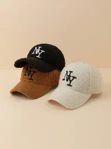New York Embroidery Baseball Cap for Outdoor Travel, Winter Warm Lamb Wool Style, Unisex Casual Solid Color Design
