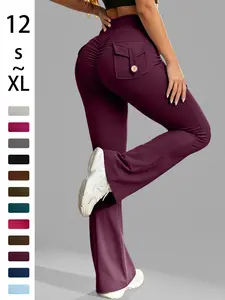 Women's High-Waisted Tight-Fit Flare Pants with Pockets, V-Shaped Waist Design Butt-Lifting Yoga Pants, Casual Fall Winter Workout Wear, Athletic Casual Pants, Flared Yoga Gym Sportswear Bottoms, Gym Workout Leggings