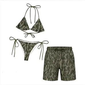 Matching Camo Couple Swimsuits, Army Green Camouflage Bikini and Breathable Mesh Shorts Summer Set, Gift for Couples