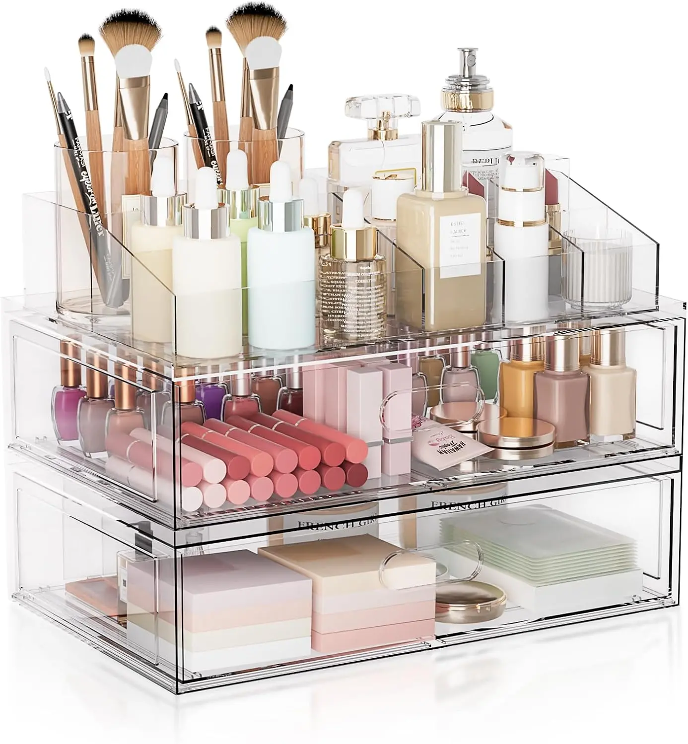Acrylic Clear Stackable Makeup Organizer with Drawer, 12in W Home Storage Box, Vanity-Bathroom Countertop Cosmetic Holder for Lipstick, Brush, Skincare, Perfume