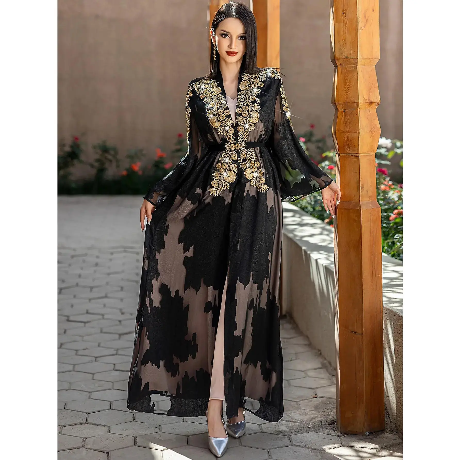 Two-Piece Black and Golden Embroidered Abaya with Belt - Elegant Long Sleeve, Flowing Ethnic Style, Non-Stretch Fabric, Perfect for Spring/Summer, Cultural Attire | Elegant Abaya | Satin Finish
