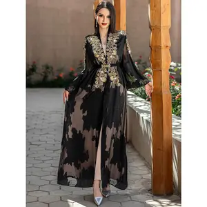 Two-Piece Black and Golden Embroidered Abaya with Belt - Elegant Long Sleeve, Flowing Ethnic Style, Non-Stretch Fabric, Perfect for Spring/Summer, Cultural Attire | Elegant Abaya | Satin Finish
