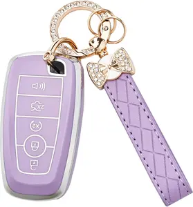 for Ford Key Fob Cover with Keychain, Soft TPU Key Case Shell for F150 F250 F350 Mustang Bronco Explorer Escape Edge Expedition Maverick Ranger Lincoln Smart Remote Key (Purple)