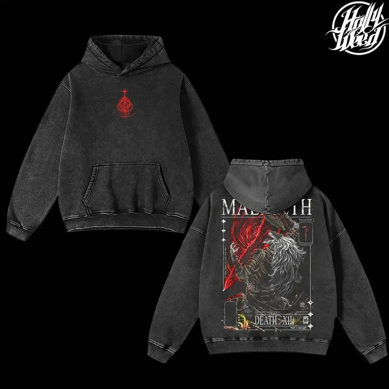 Maliketh Eldenring Boss Retro Vintage Unisex Oversize Anime Manga Acid Washed Heavyweight Cotton Hoodie, Anime Merch, Gift For Anime Fan. Menswear Oversized XHO
